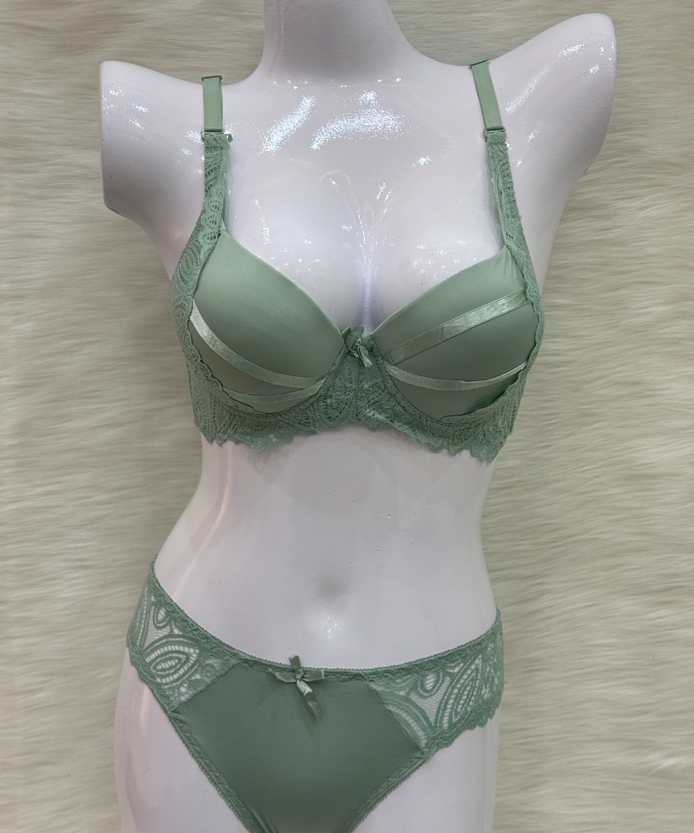 Catch Stylish Sexy Front Cross Strips Padded Wired Bra Set Green