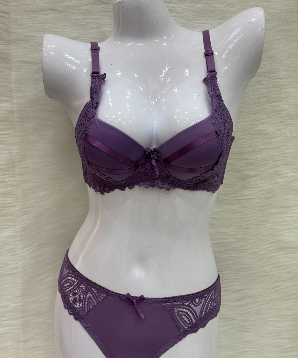 Catch Stylish Sexy Front Cross Strips Padded Wired Bra set Purple