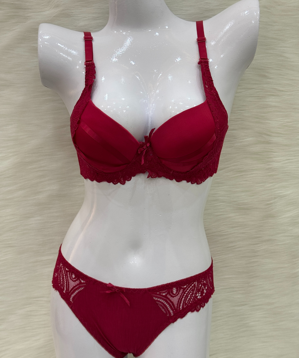 Catch Stylish Sexy Front Cross Strips Padded Wired Bra Set Red