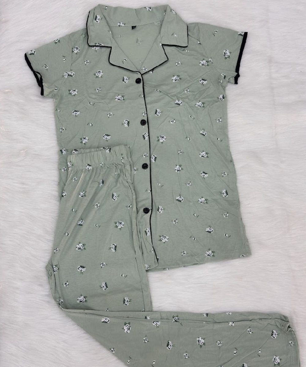 Comfort cotton Night Suit with trouser Pockets Green