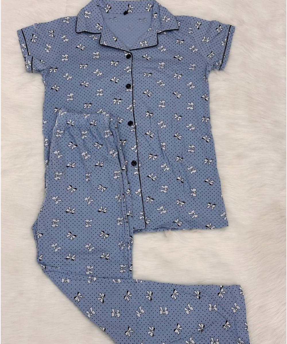 Comfort cotton Night Suit with trouser Pockets Blue